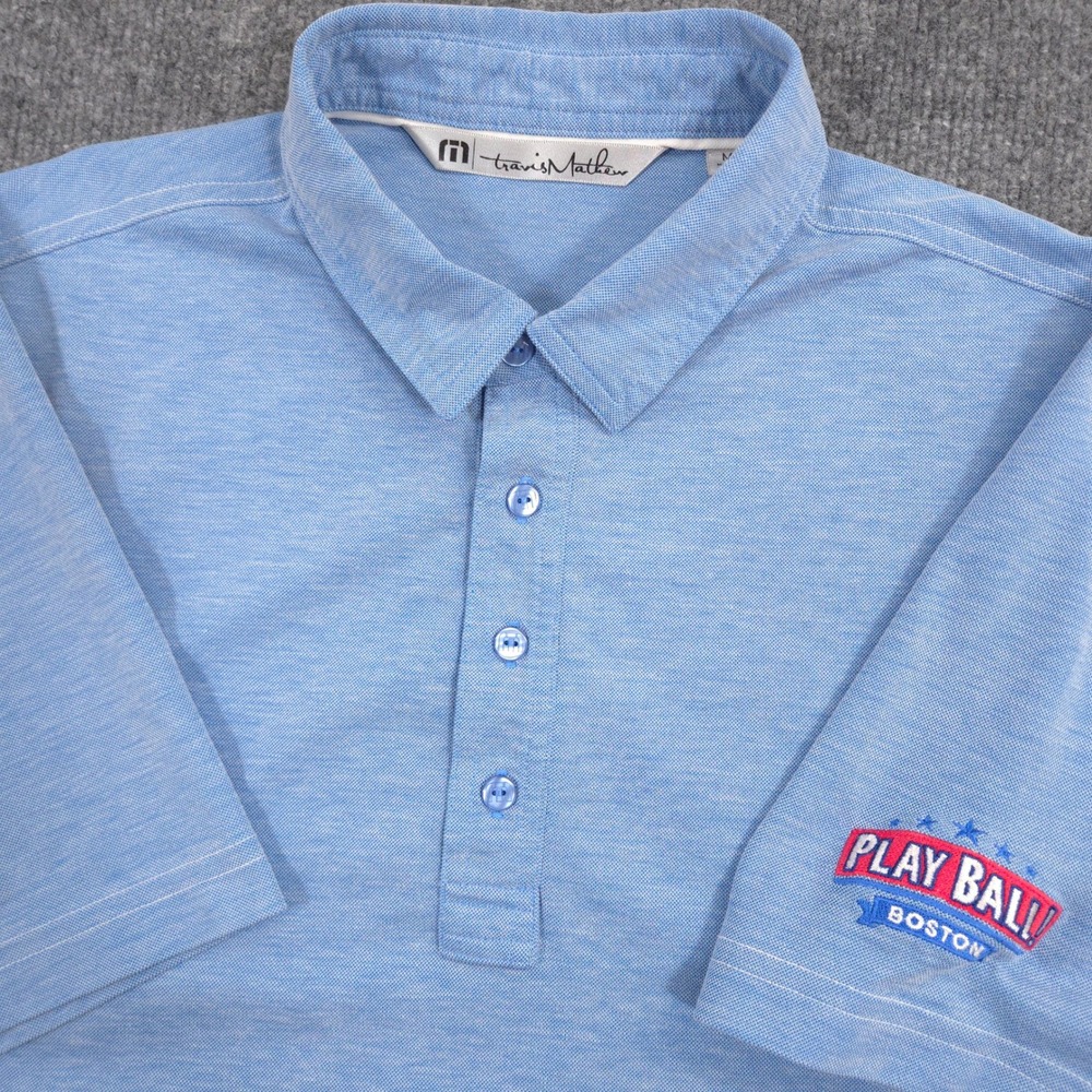 Travis Mathew Polo Shirt Mens Medium Blue Play Ball Boston Baseball Sports Golf